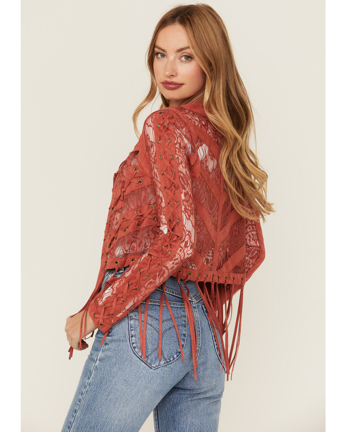 Image #4 - Vocal Women's Suede Tassel Jacket, Brick Red, hi-res