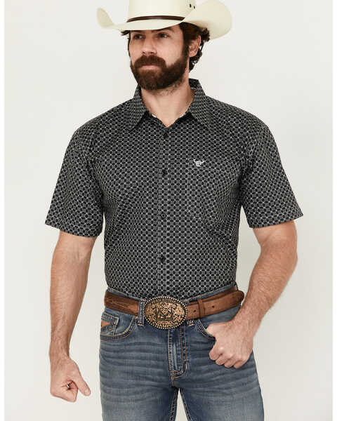 Cowboy Hardware Men's Geo Floral Print Short Sleeve Button-Down Western Shirt , Black, hi-res