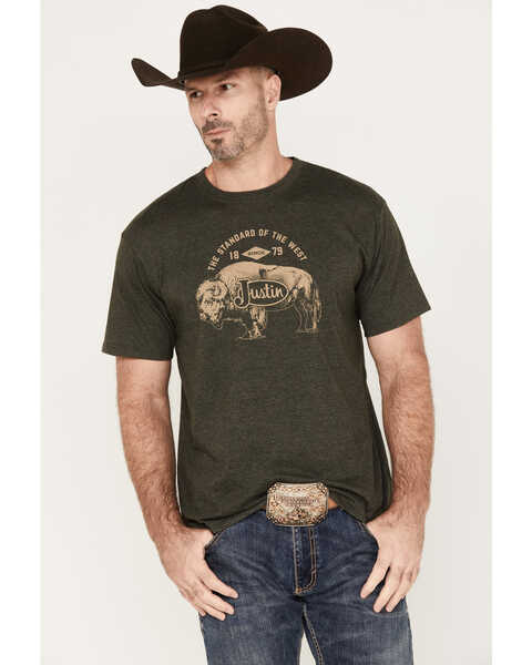 Image #1 - Justin Men's Heather Olive Buffalo Graphic Short Sleeve T-Shirt , Olive, hi-res