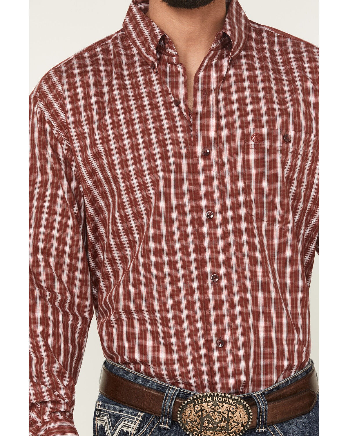 Image #3 - Wrangler Men's Plaid Print Long Sleeve Button-Down Stretch Western Shirt - Tall, Burgundy, hi-res