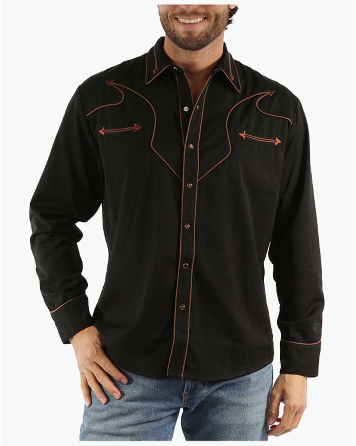 Scully Men's Embroidered Long Sleeve Snap Western Shirt, Black, hi-res