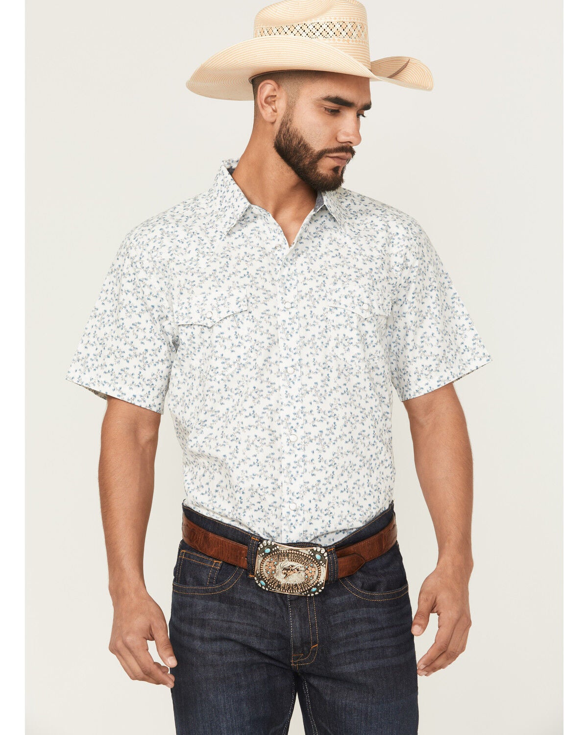 Cody James Rodeo Drive Floral Print Short Sleeve Snap Western Shirt, White, hi-res