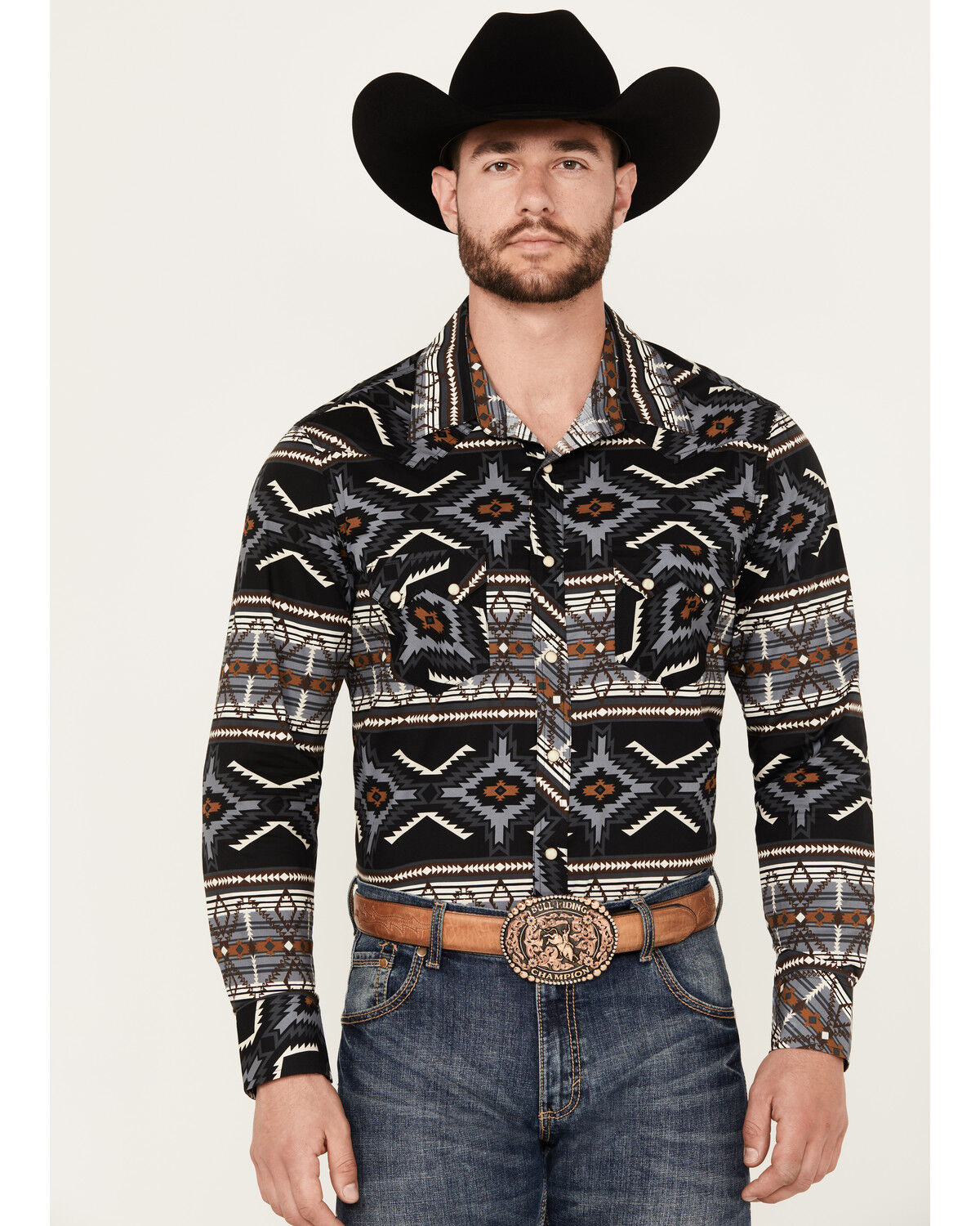 Image #1 - Rock & Roll Denim Men's Southwestern Print Stretch Long Sleeve Snap Western Shirt, Charcoal, hi-res