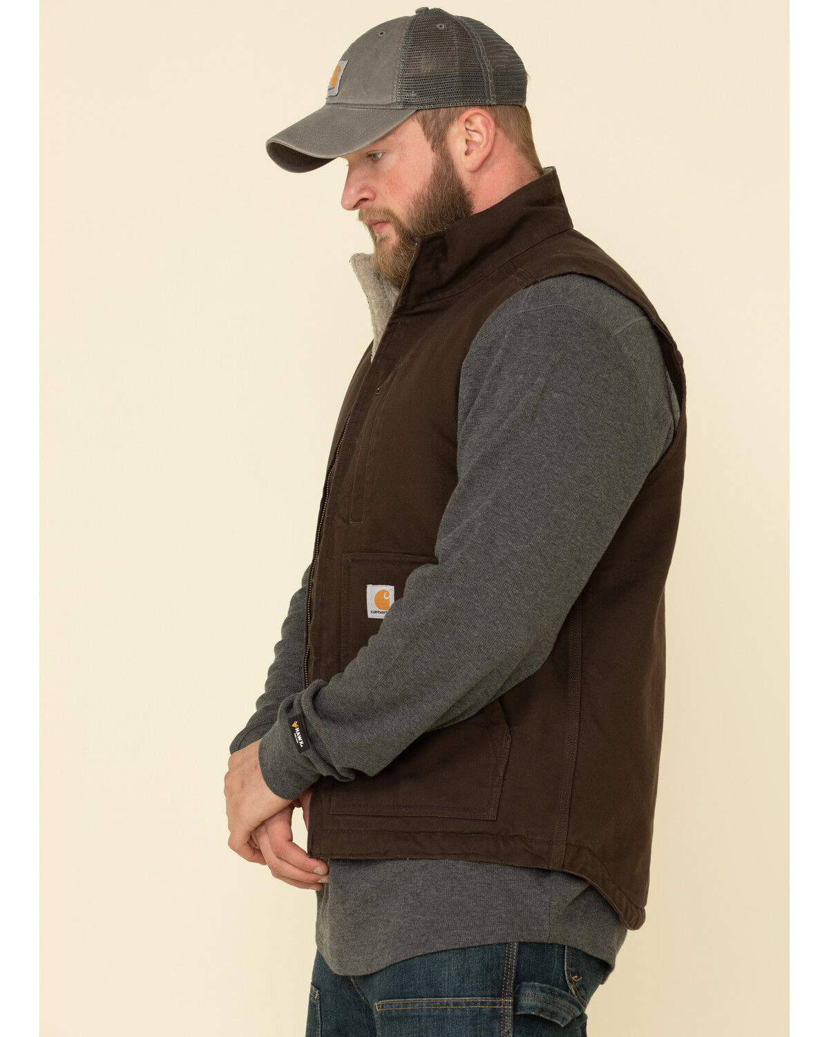 Image #2 - Carhartt Men's Dark Brown Washed Duck Sherpa Lined Mock Neck Loose Fit Work Vest, Dark Brown, hi-res