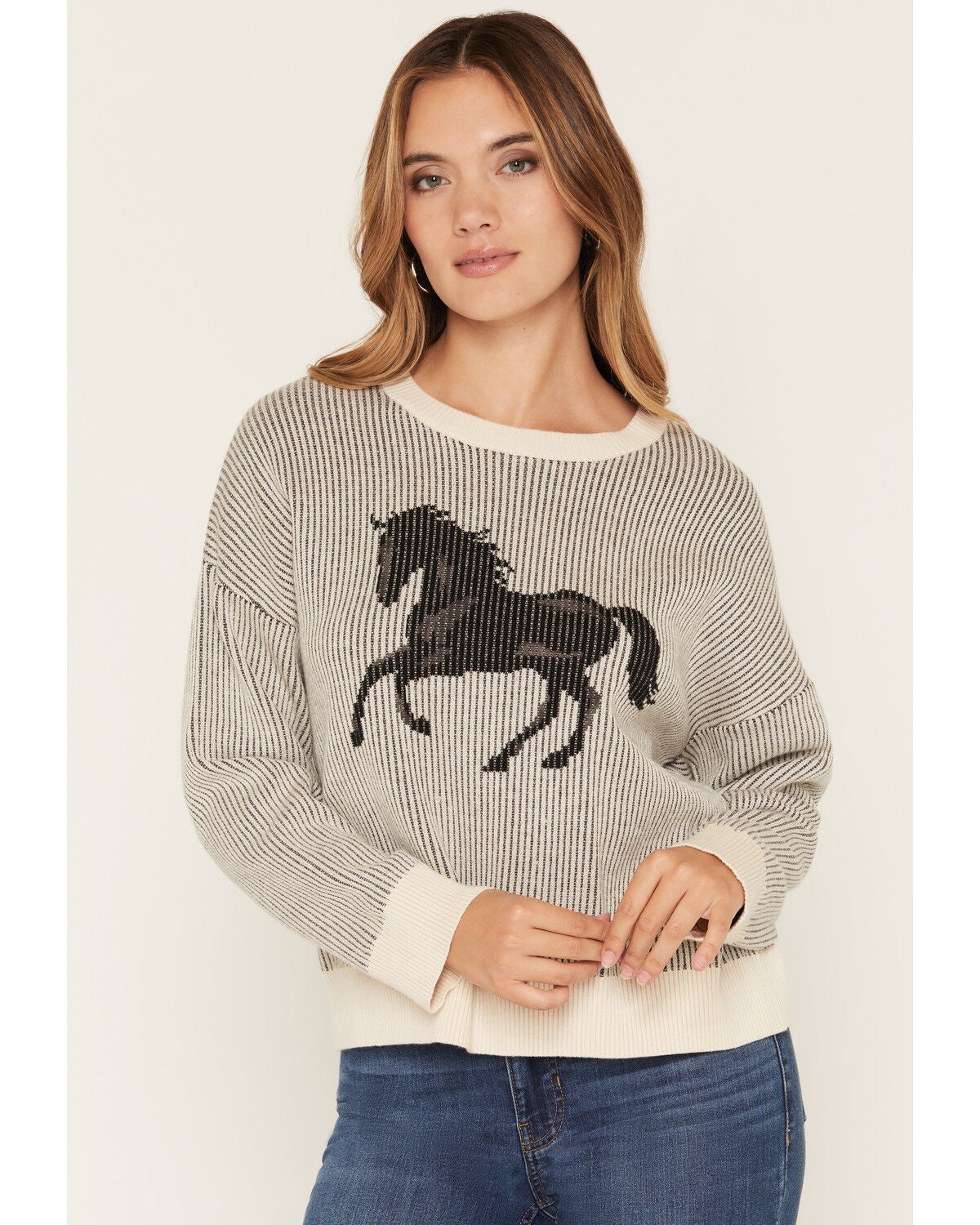 Originality Women's Horse Pleated Sweater, Black, hi-res