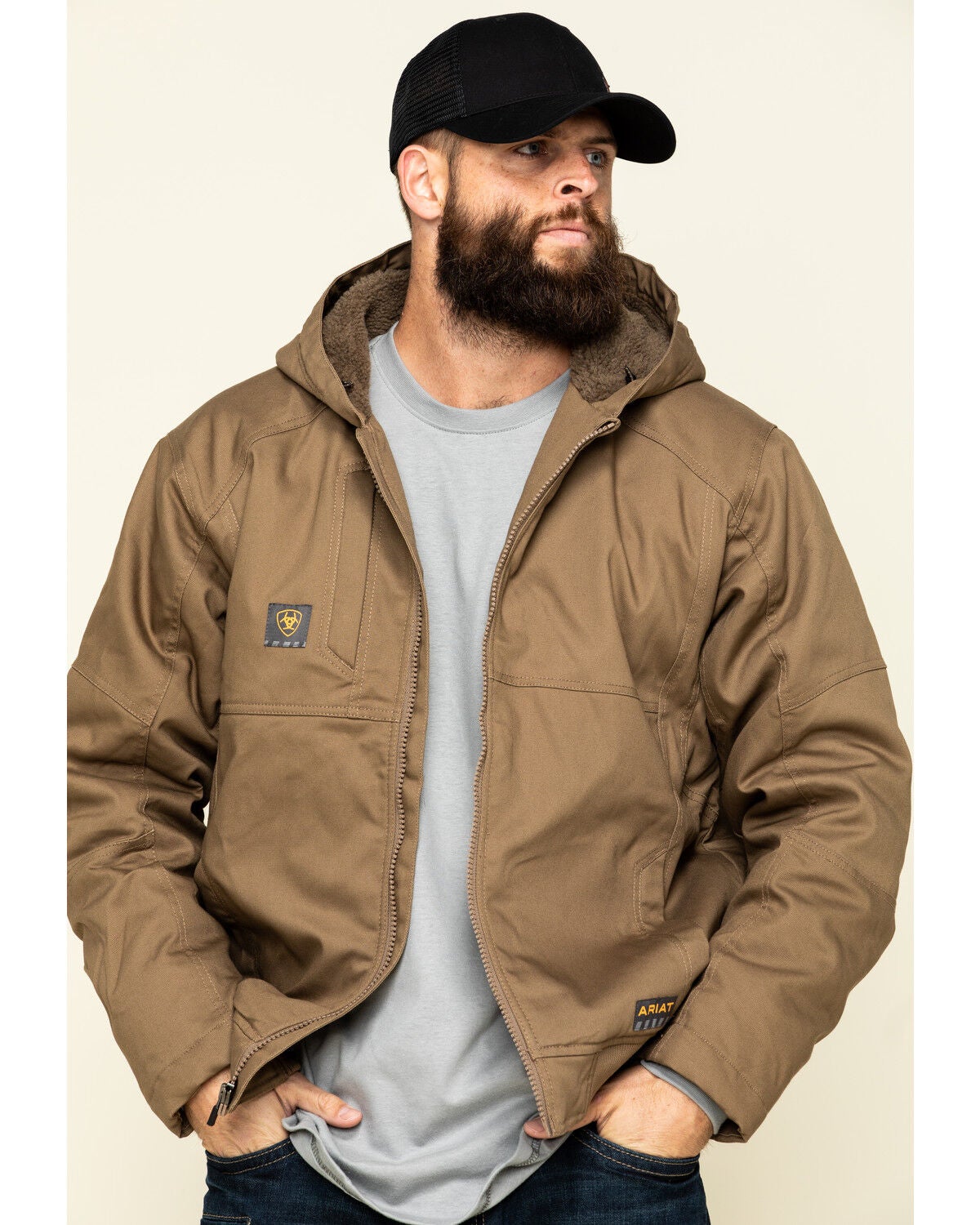Ariat Men's Field Khaki Rebar Duracanvas Hooded Work Jacket, Beige/khaki, hi-res