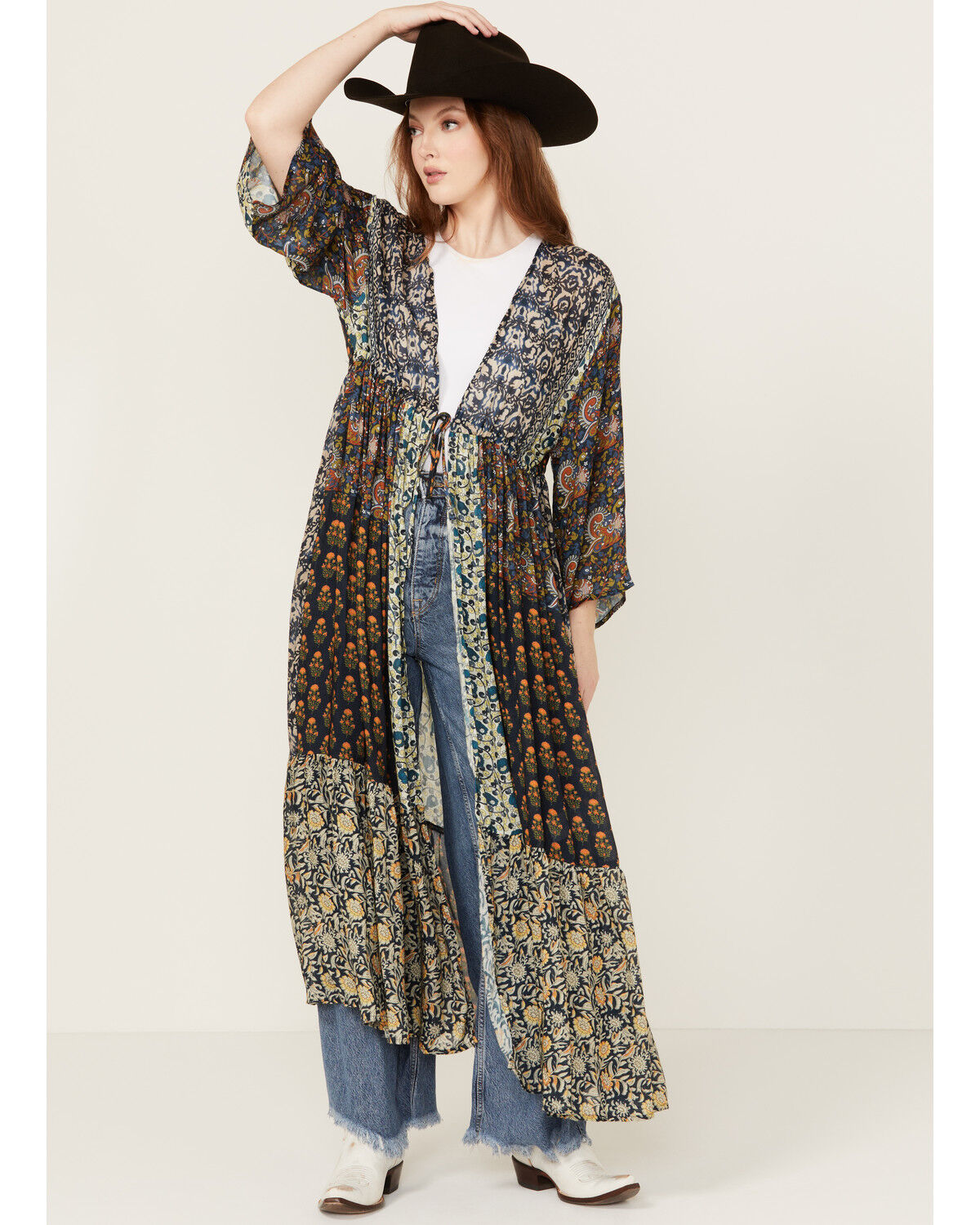 Image #1 - Free People Women's Long Geo Print Kimono, Black, hi-res