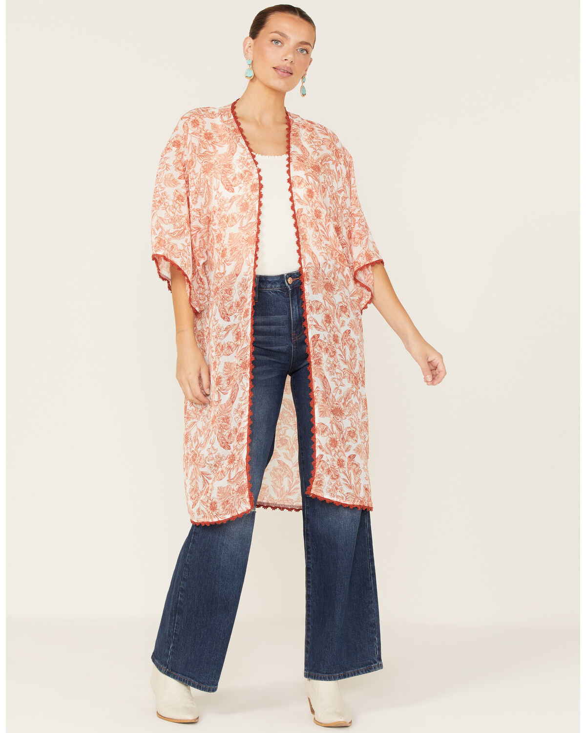 Image #1 - Wild Moss Women's Floral Print Sheer Kimono, Ivory, hi-res