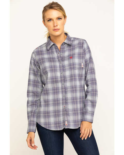 Image #1 - Ariat Women's Boot Barn Exclusive FR Abigail Plaid Print Long Sleeve Work Shirt , Purple, hi-res