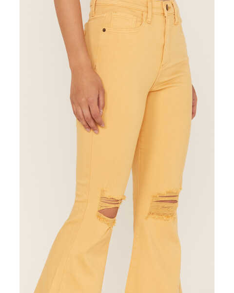 Image #2 - Sneak Peek Women's High Rise Distressed Flare Jeans, Yellow, hi-res
