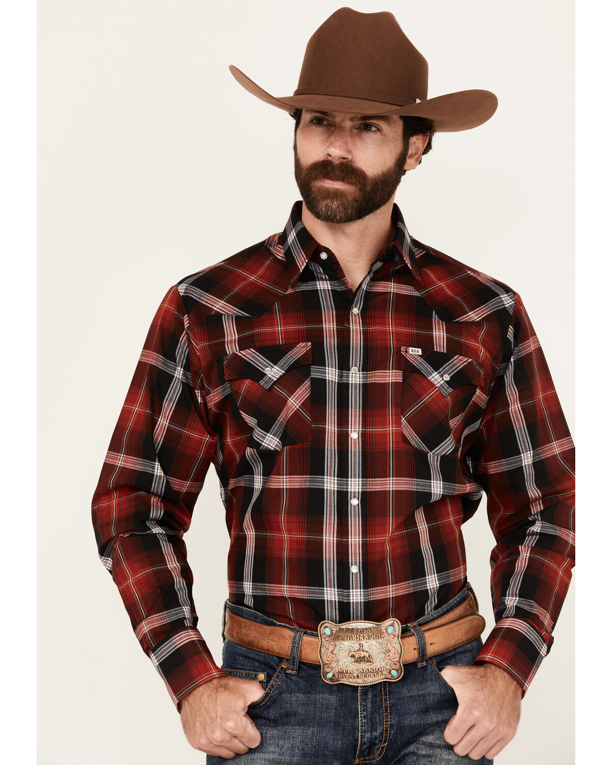 Image #1 - Ely Walker Men's Plaid Print Long Sleeve Snap Stretch Western Shirt, Red, hi-res