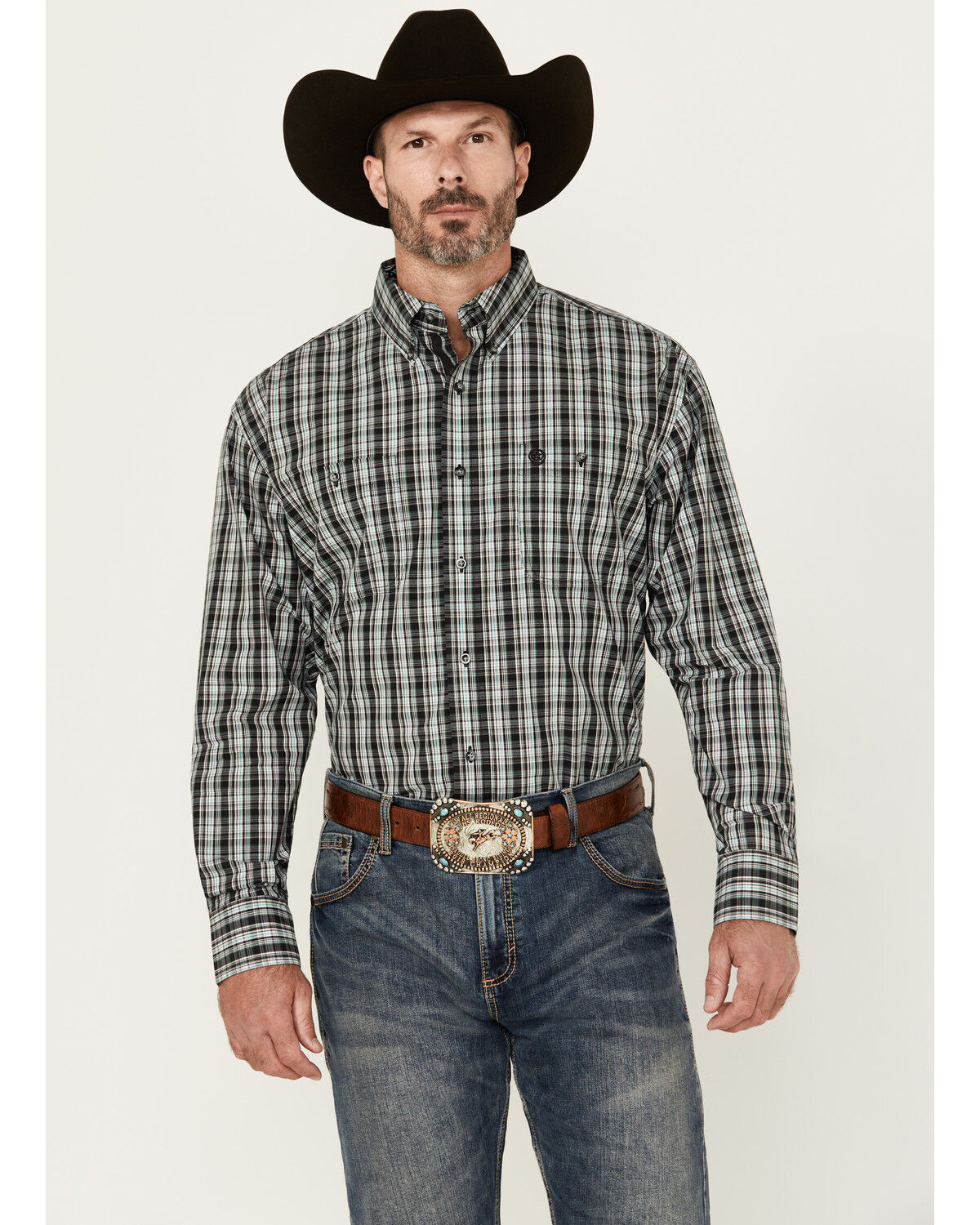Image #1 - George Strait By Wrangler Men's Plaid Print Long Sleeve Button-Down Stretch Western Shirt, Black, hi-res