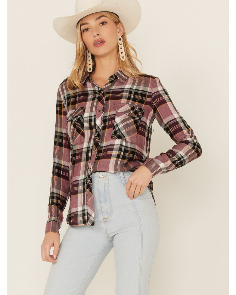 Wild Moss Women's Burgundy Plaid Long Sleeve Woven Flannel Shirt, Burgundy, hi-res