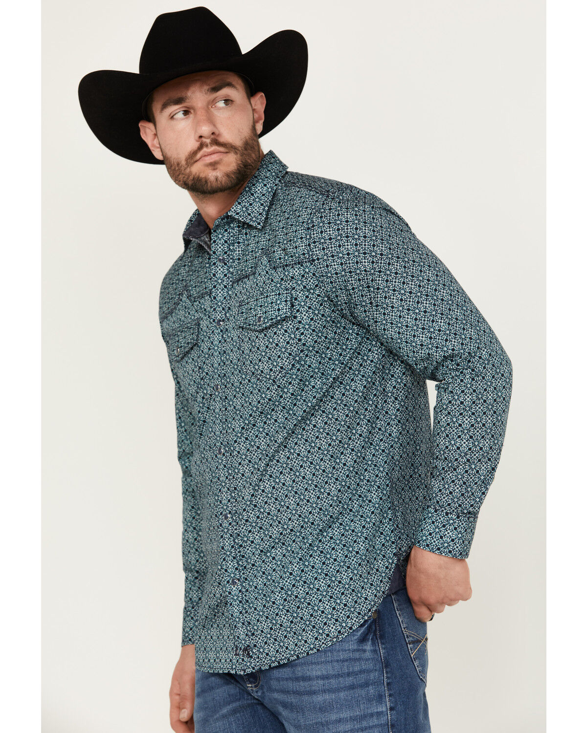Image #2 - Moonshine Spirit Men's Old Fashioned Medallion Print Long Sleeve Pearl Snap Western Shirt, Navy, hi-res