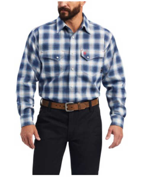 Ariat Men's FR Rayburn Plaid Print Long Sleeve Snap Work Shirt , Blue, hi-res