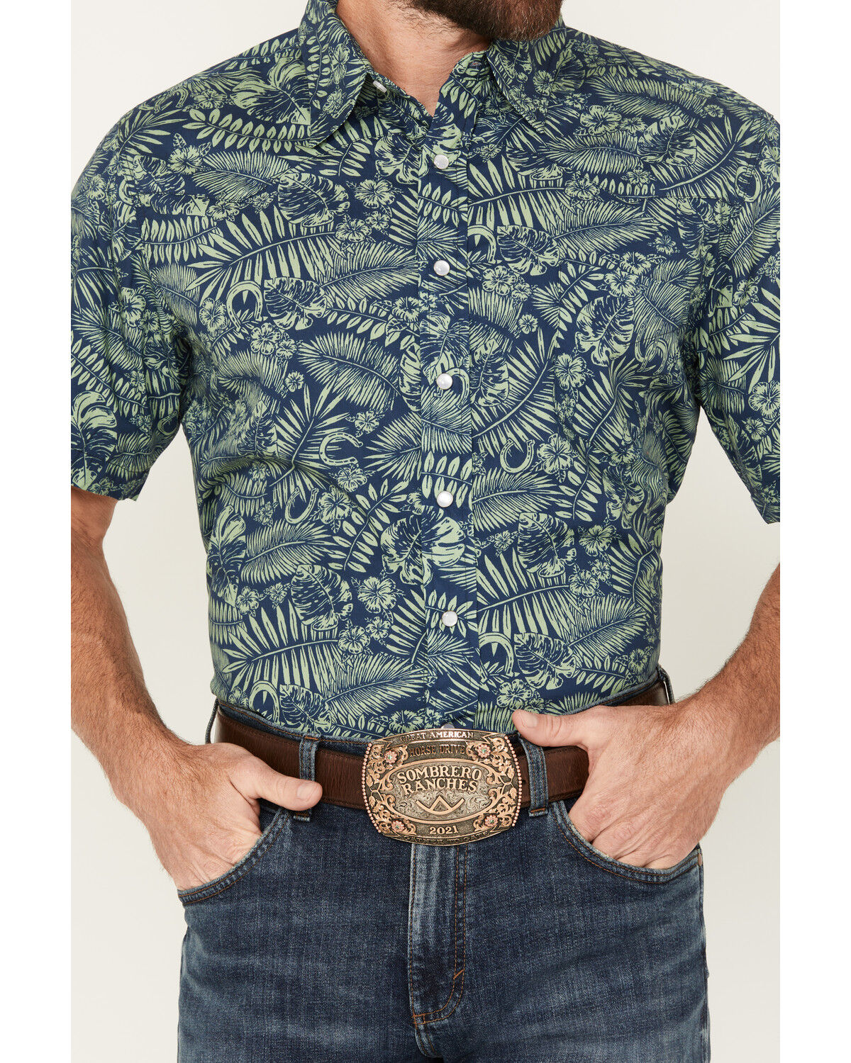Image #3 - Roper Men's West Made Leaf and Horseshoe Print Short Sleeve Pearl Snap Western Shirt, , hi-res