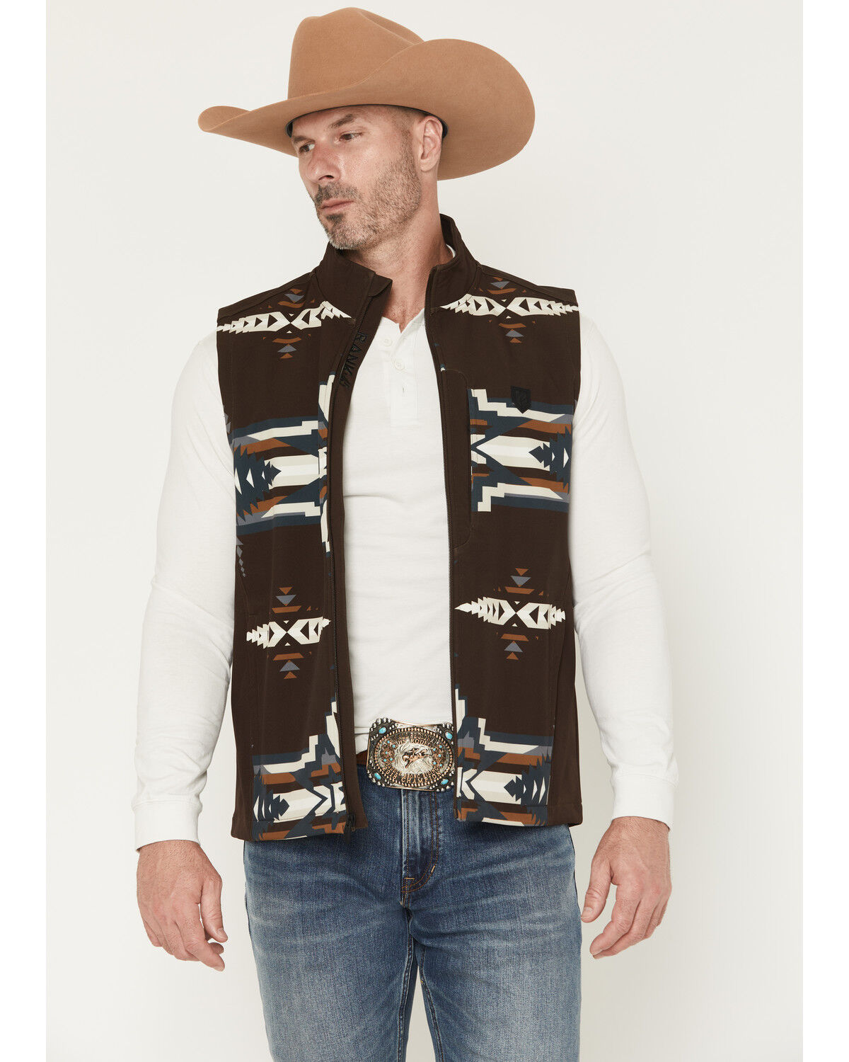 Image #1 - RANK 45® Men's Kapow Southwestern Print Insulated Bomber Vest, Brown, hi-res