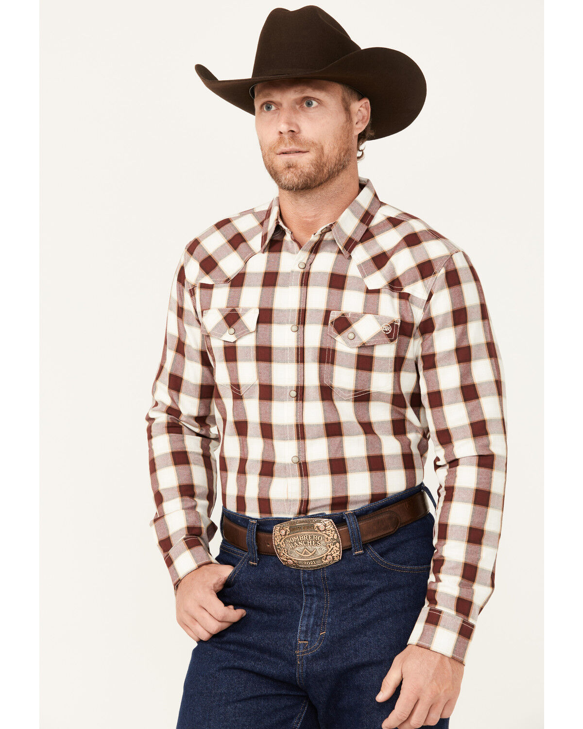 Image #1 - Blue Ranchwear Men's Eastland Checkered Long Sleeve Snap Western Shirt, Red, hi-res