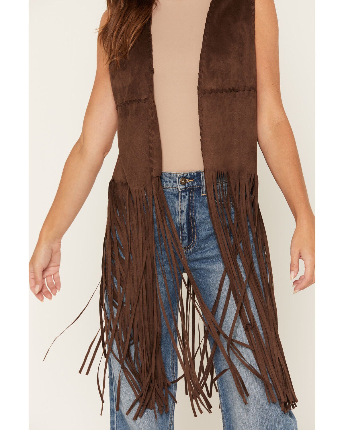 Image #3 - Fornia Women's Boot Barn Exclusive  Faux Suede Whip Stitch Fringe Vest, Brown, hi-res