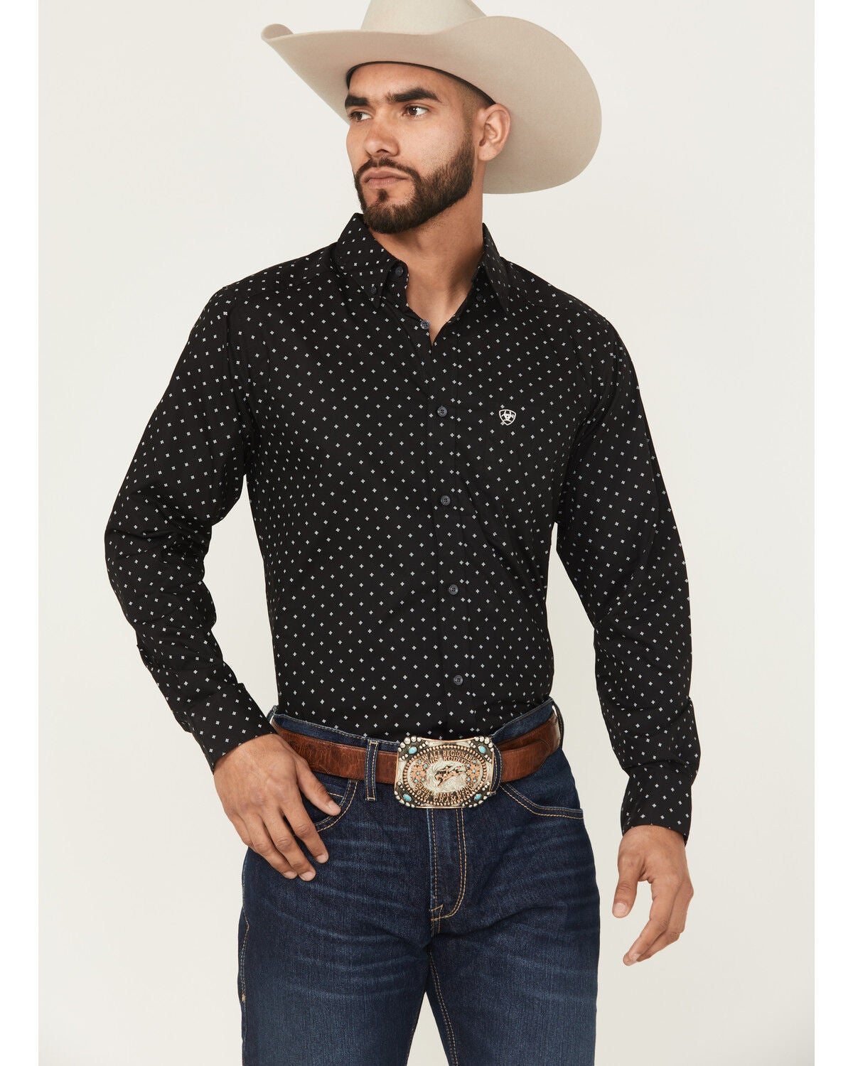 Image #1 - Ariat Men's Seymour Geo Print Long Sleeve Button-Down Western Shirt, Black, hi-res