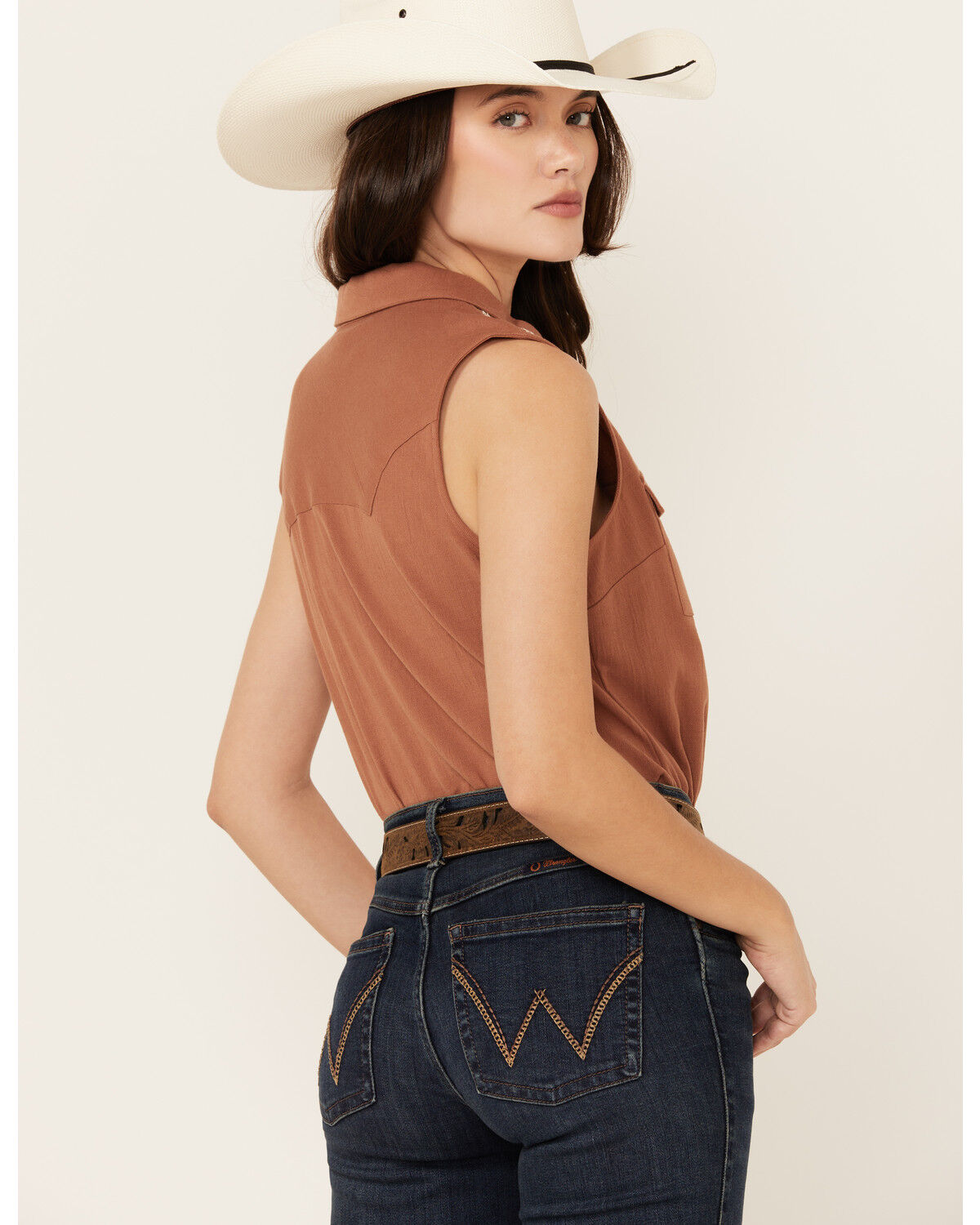 Image #4 - Shyanne Women's Western Embroidered Sleeveless Button-Down Western Shirt, Caramel, hi-res