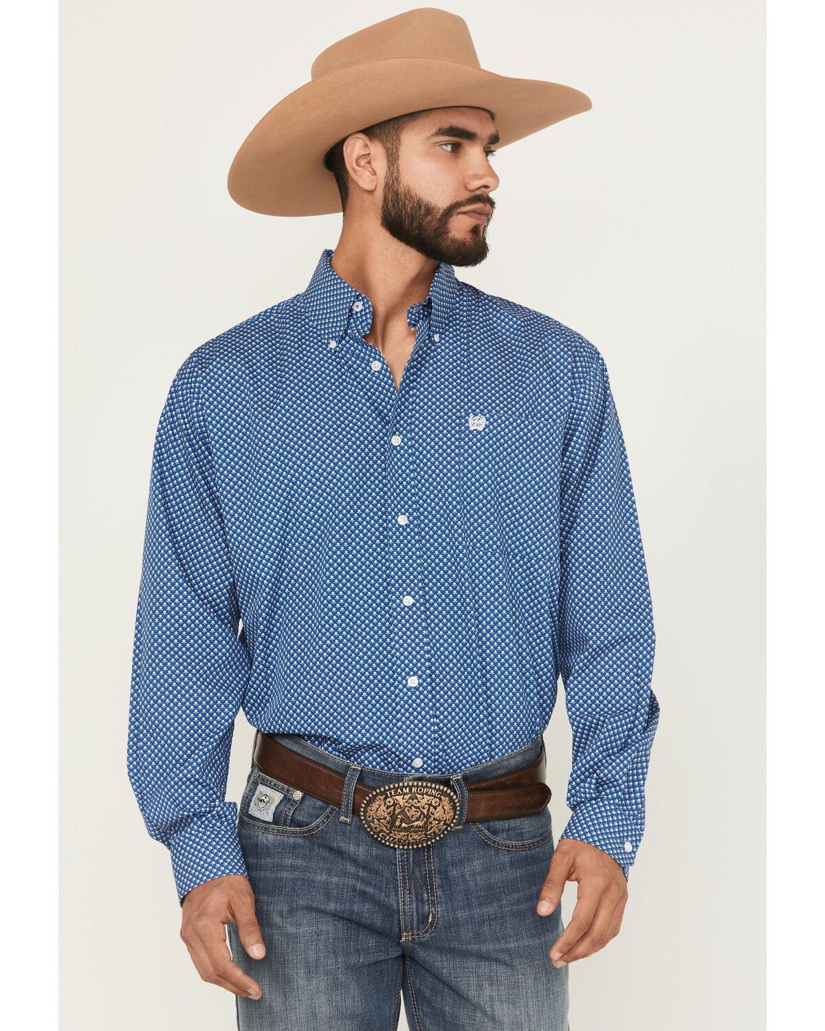 Cinch Men's Floral Print Long Sleeve Button-Down Western Shirt, Blue, hi-res