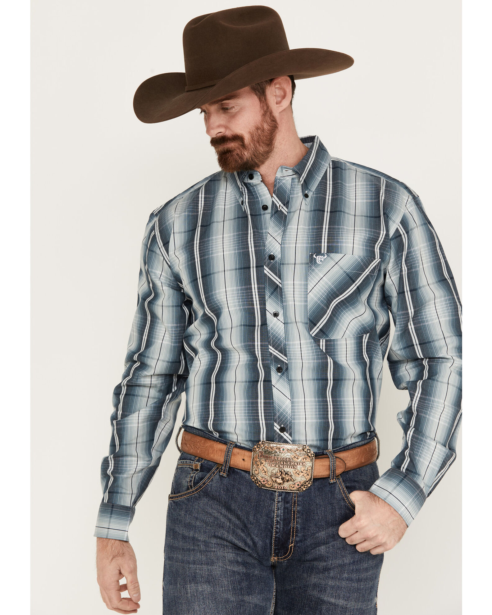 Product Name: Cowboy Hardware Men's Gradient Plaid Print Long Sleeve Button  Down Western Shirt