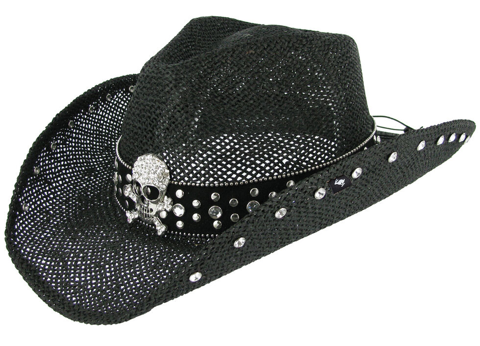 Peter Grimm Women's Crystal Skull Black Straw Hat, Black, hi-res