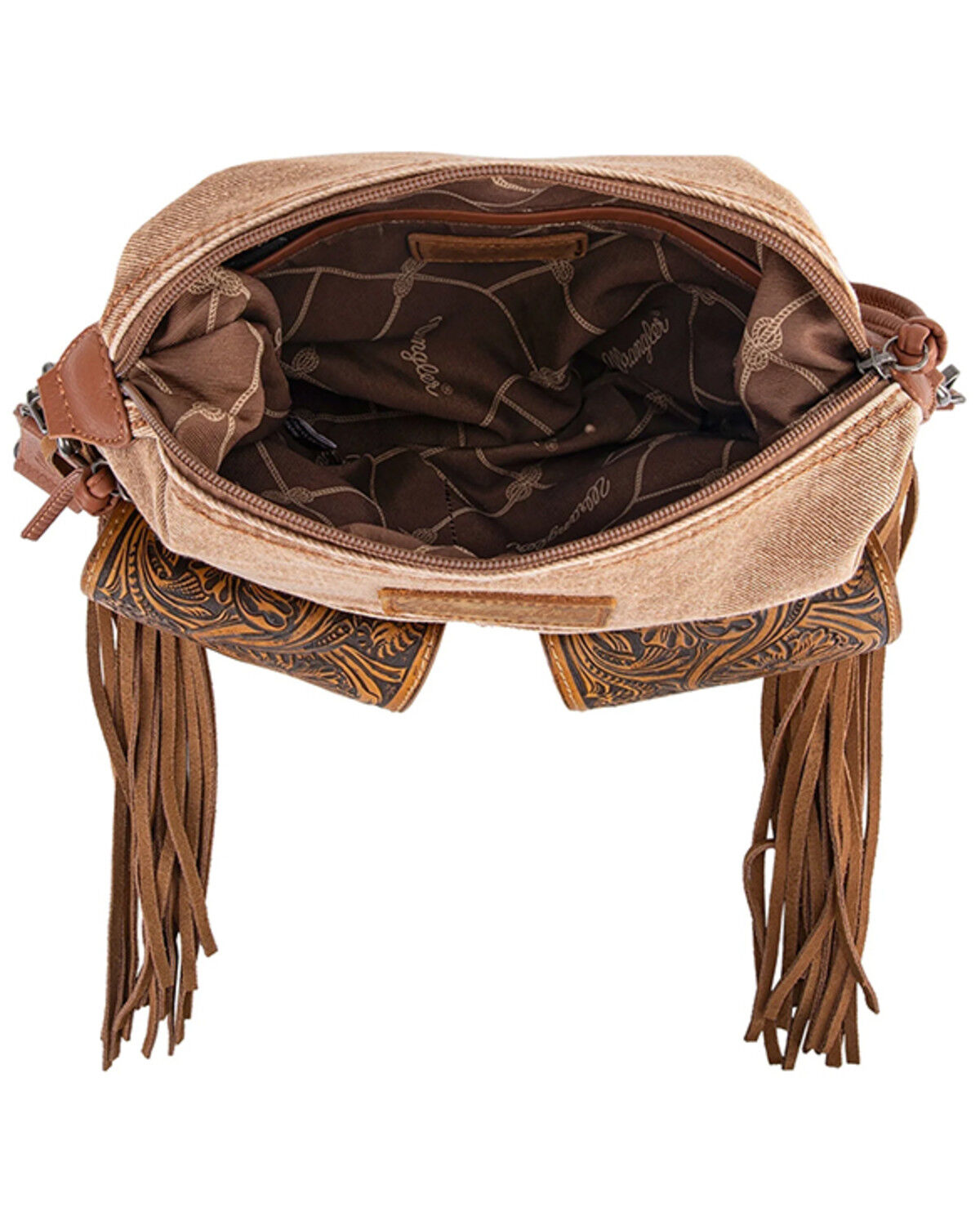 Image #2 - Wrangler Women's Fringe Floral Tooled Denim Crossbody Bag, Brown, hi-res