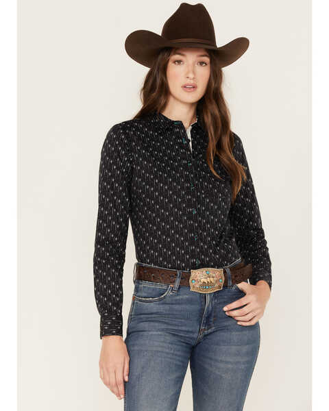RANK 45® Women's Print Long Sleeve Stretch Snap Riding Shirt, Black, hi-res