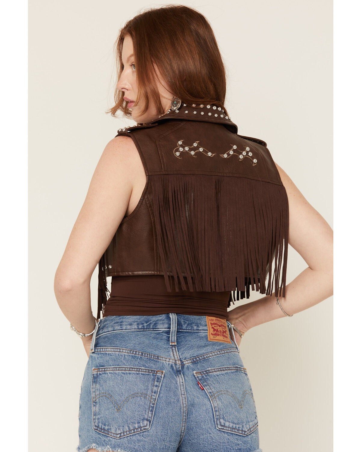 Image #4 - Azalea Wang Women's Reeceann Faux Leather Studded Fringe Cropped Vest, Brown, hi-res