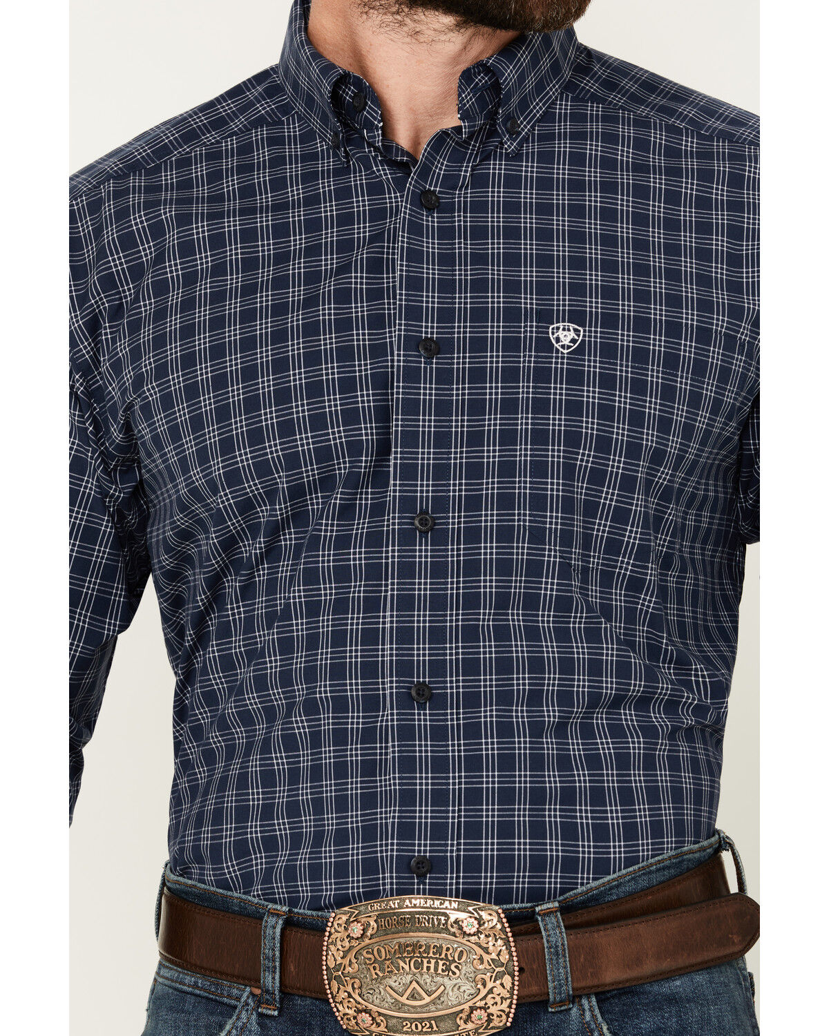 Image #3 - Ariat Men's Prestcot Windowpane Plaid Print Long Sleeve Performance Shirt - Big, Navy, hi-res