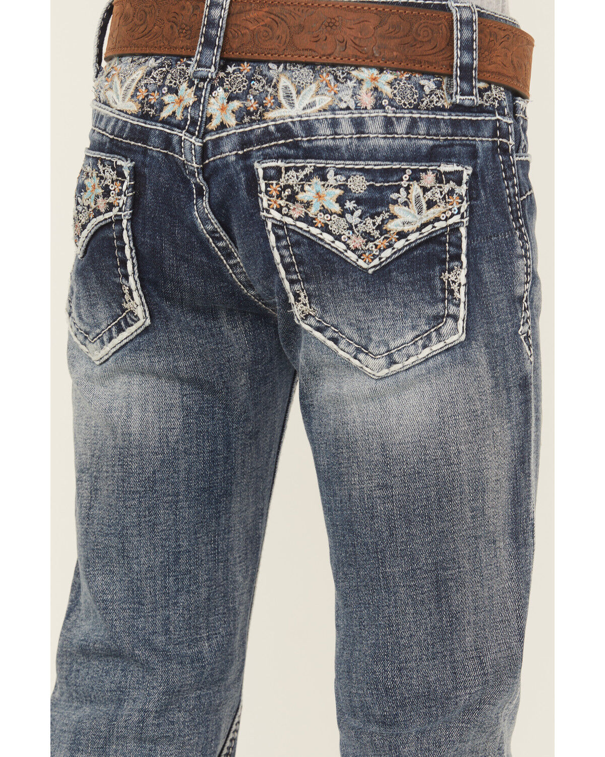Image #2 - Grace in LA Girls' Medium Wash Floral Embroidered Bootcut Stretch Denim Jeans, Blue, hi-res
