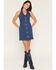 Image #1 - 26 International Women's Medium Wash Scalloped Halter Denim Mini Dress, Medium Wash, hi-res