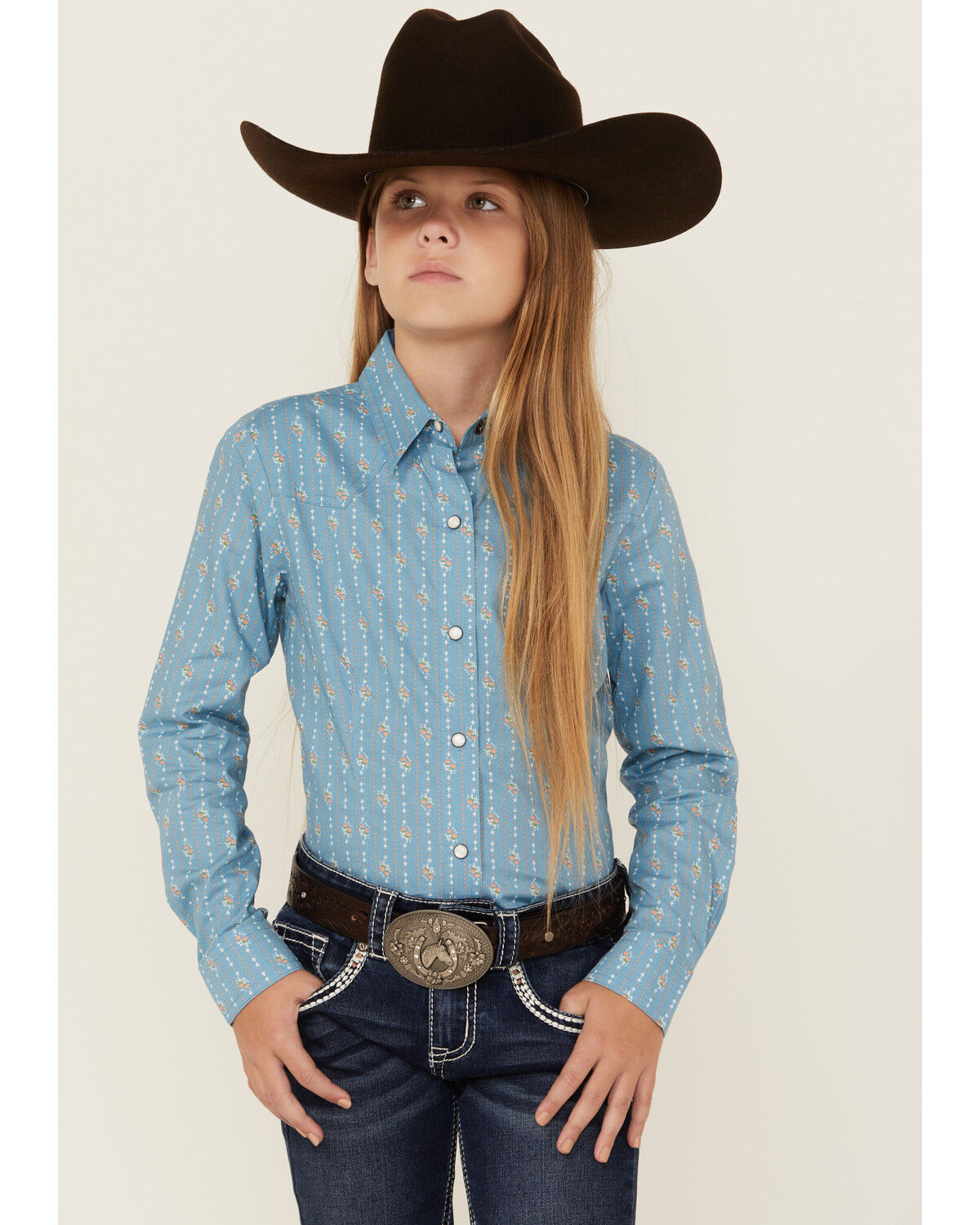 Image #1 - Cruel Girl Girls' Floral Striped Long Sleeve Snap Western Shirt, Light Blue, hi-res