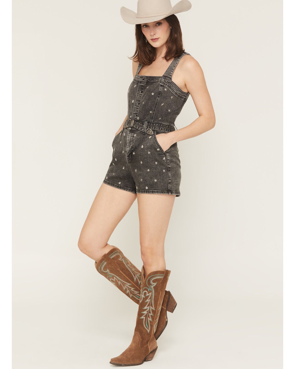 Image #1 - Rock & Roll Denim Women's Sleeveless Star Studded Denim Romper, Black, hi-res
