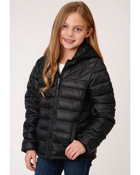 Roper Girls' Solid Crushable Parachute Zip-Front Hooded Nylon Jacket , Black, hi-res