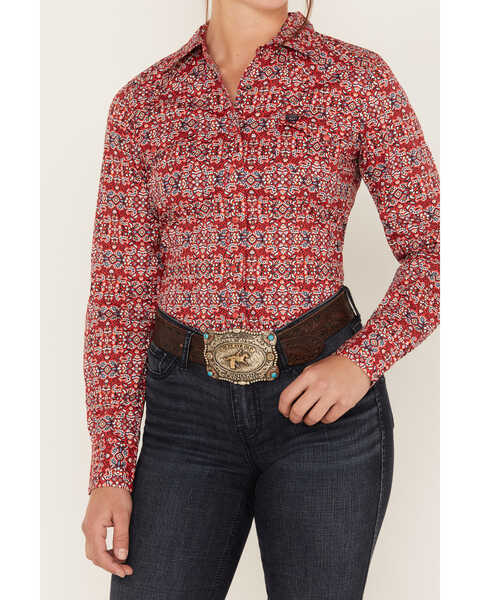 Image #3 - Cinch Women's Southwestern Print Long Sleeve Snap Western Shirt, Red, hi-res