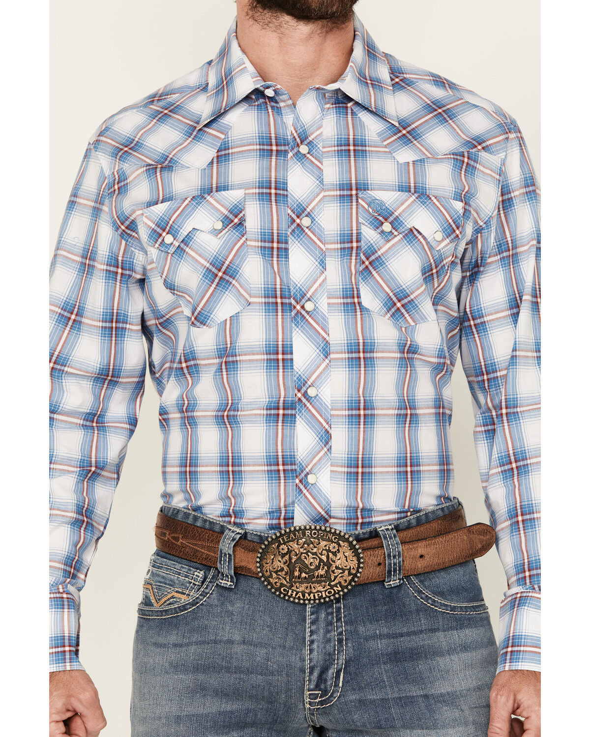 Image #3 - Wrangler Retro Men's Plaid Print Long Sleeve Snap Western Shirt, Blue, hi-res