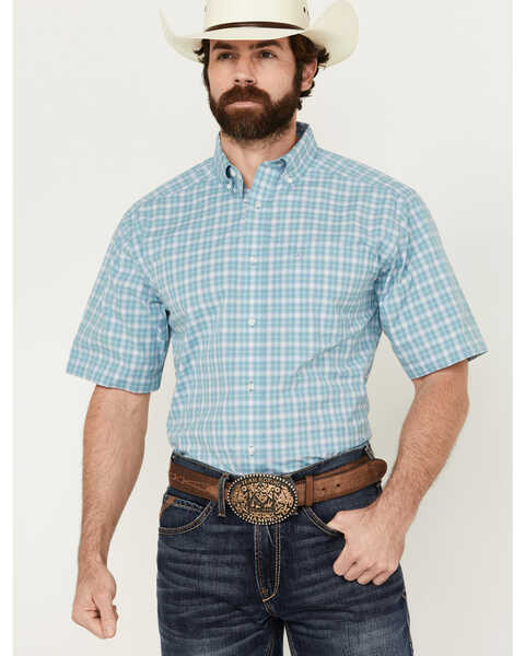 Ariat Men's Erin Plaid Print Short Sleeve Button-Down Performance Western Shirt - Big, Blue, hi-res