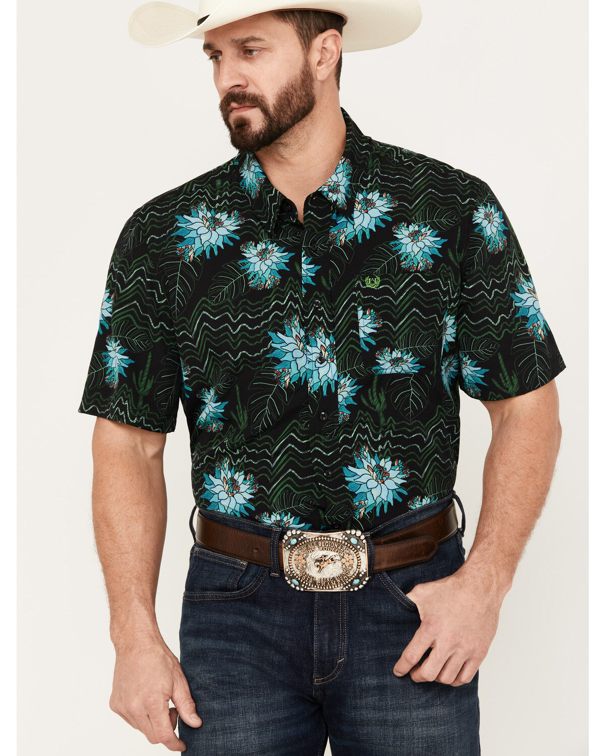 Image #1 - Panhandle Men's Tropical Print Short Sleeve Snap Stretch Western Shirt, Black, hi-res