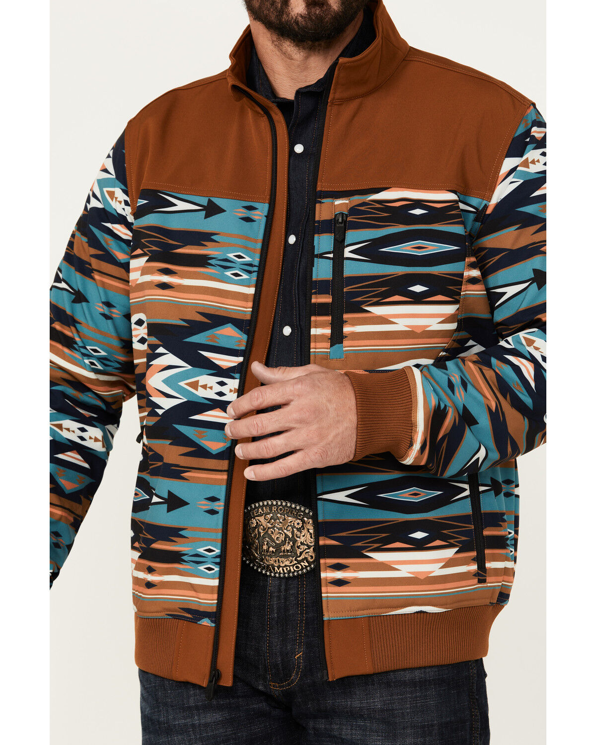 Image #3 - RANK 45® Men's Southwestern Print Bomber Softshell Jacket, Rust Copper, hi-res