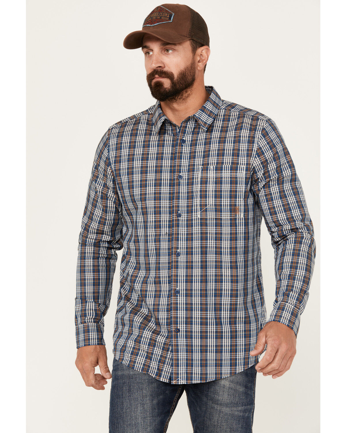 Image #1 - Brothers and Sons Men's Marietta Plaid Print Long Sleeve Button Down Performance Western Shirt, Dark Blue, hi-res