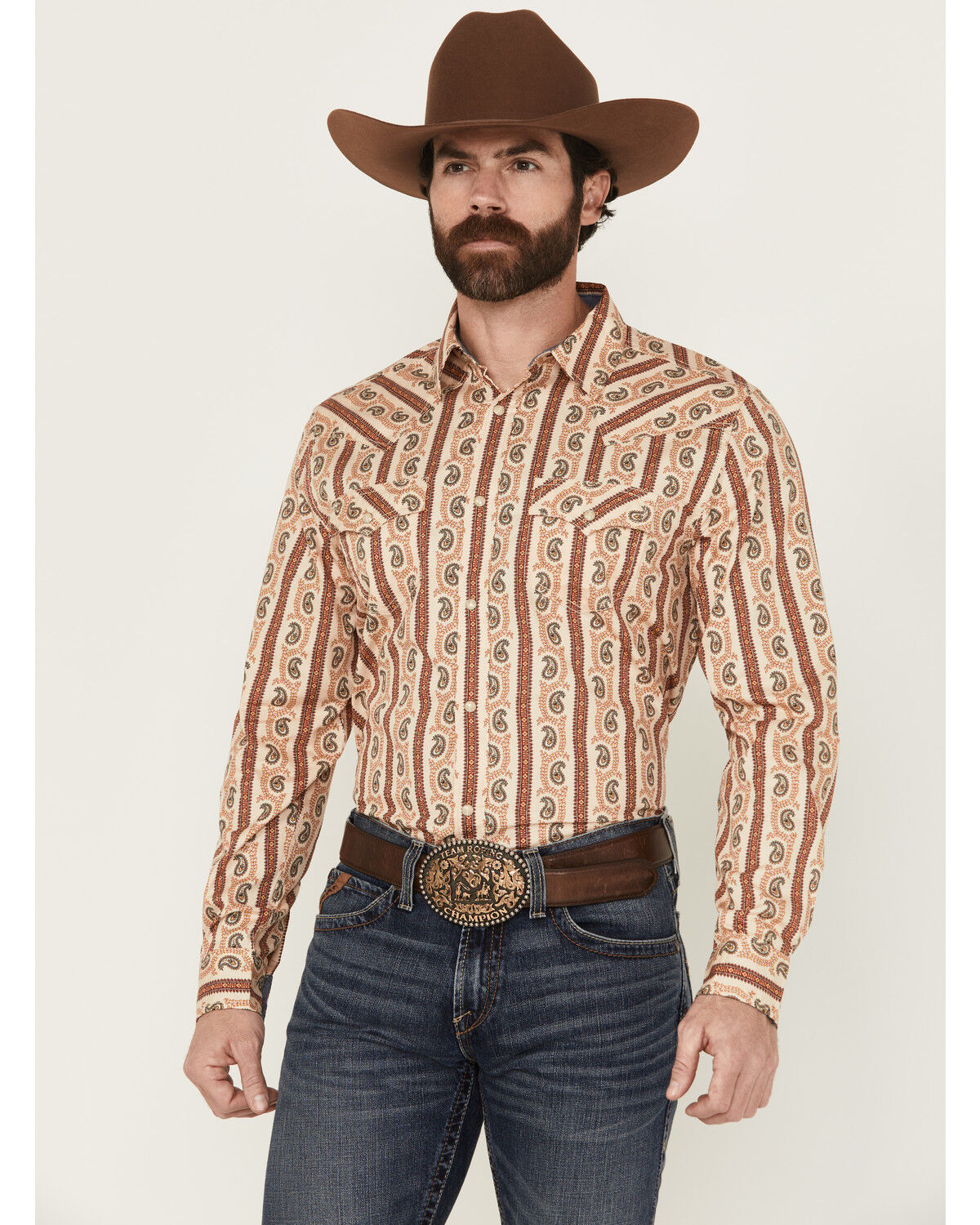 Image #1 - Cody James Men's Stillwell Paisley Print Long Sleeve Snap Western Shirt, Tan, hi-res