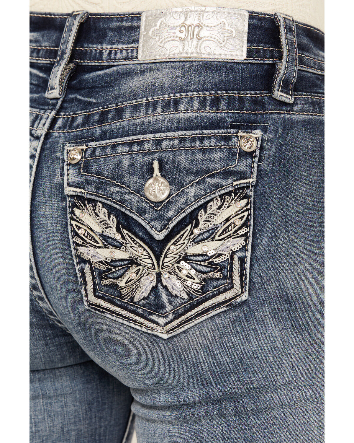 Image #2 - Miss Me Women's Medium Wash Wing Pocket Mid Rise Bootcut Stretch Denim Jeans, , hi-res
