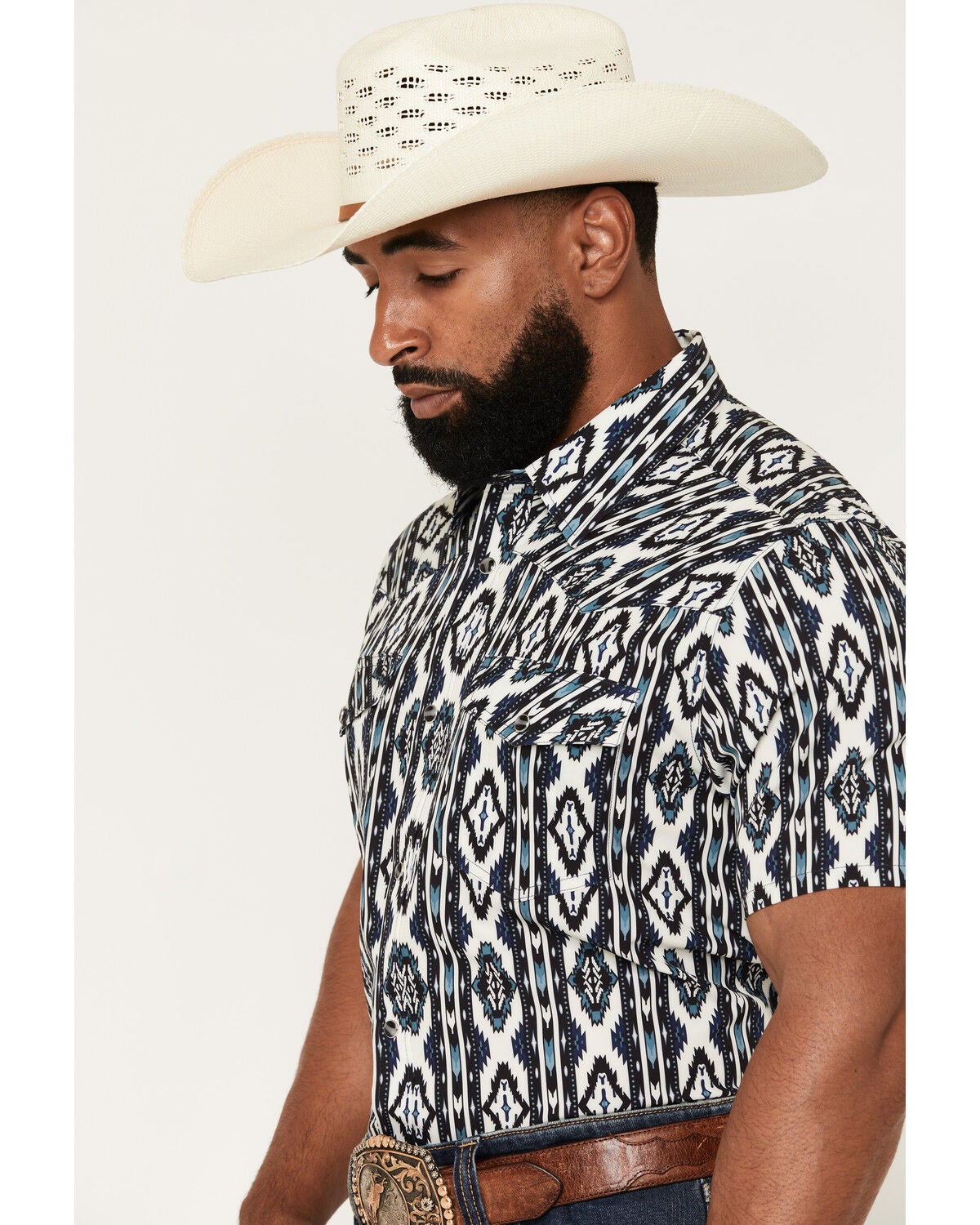 Image #2 - RANK 45&reg; Men's Rodeo Tech 2.0 8 Seconds Southwestern Print Short Sleeve Snap Stretch Performance Shirt, Blue, hi-res