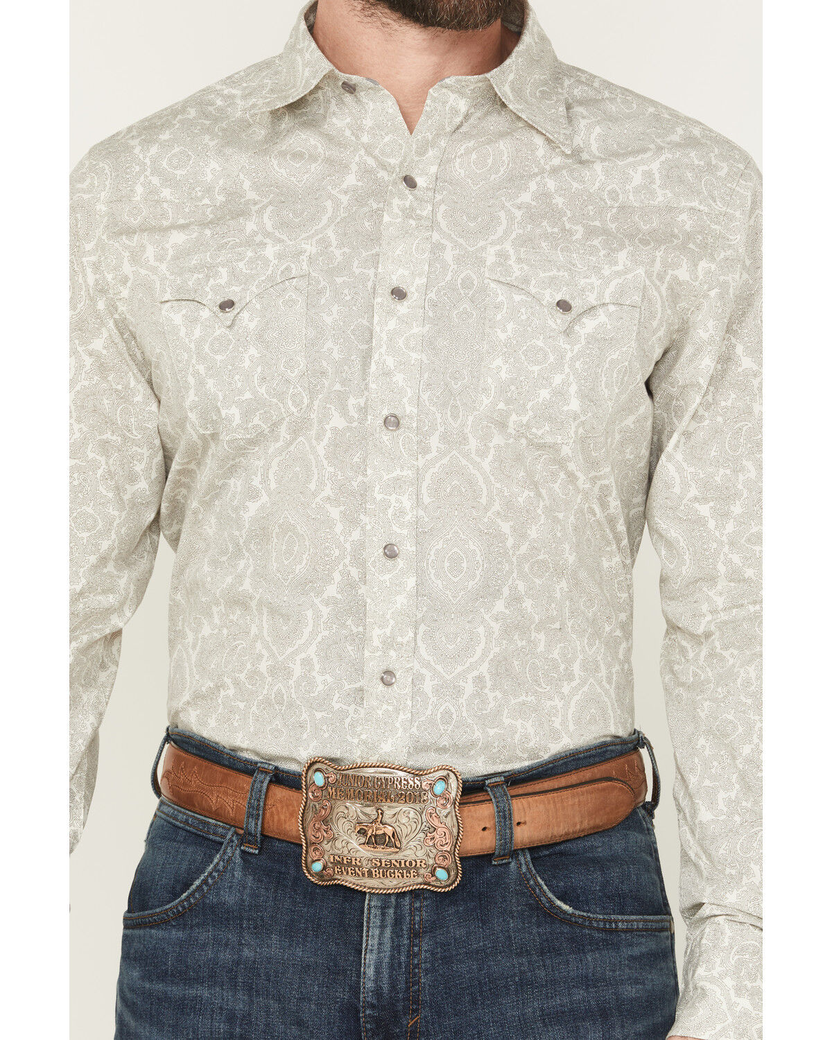 Image #3 - Stetson Men's Medallion Print Long Sleeve Pearl Snap Western Shirt, Light Grey, hi-res