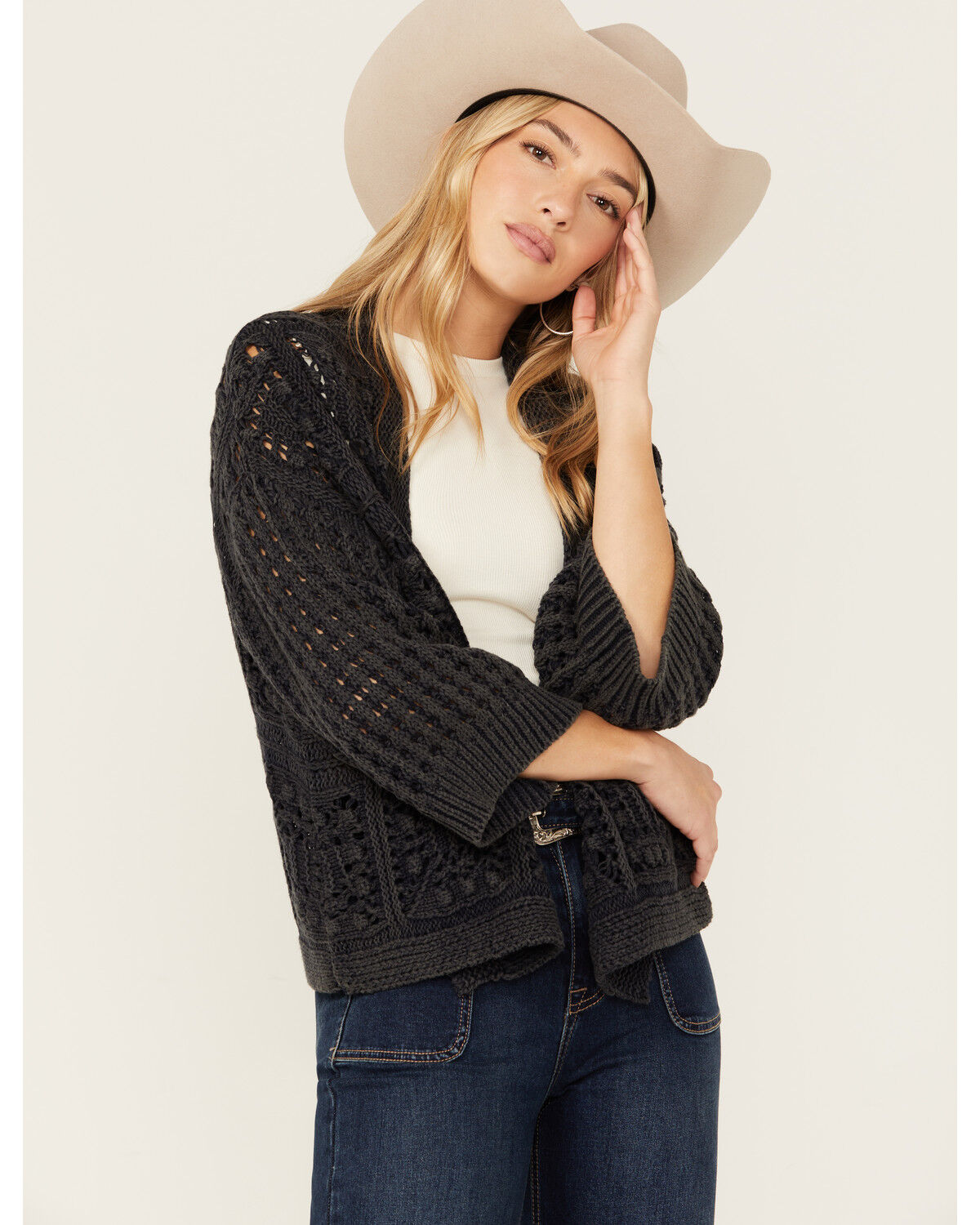 Image #1 - Cotton & Rye Women's Distressed Open Cardigan, Blue, hi-res