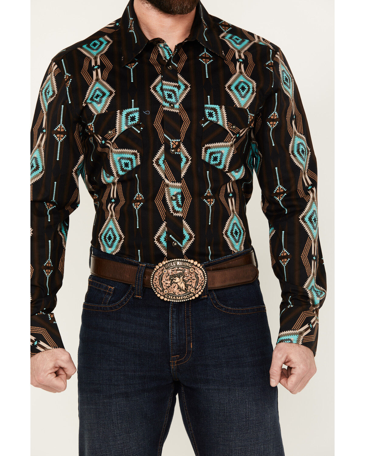 Image #3 - Rock & Roll Denim Men's Southwestern Print Long Sleeve Snap Stretch Western Shirt, Black, hi-res