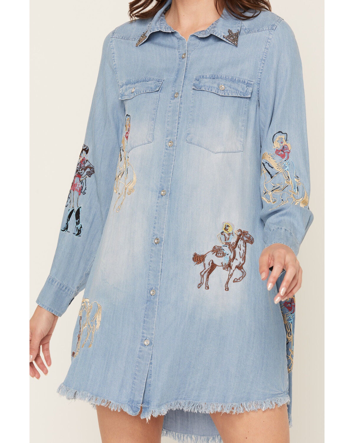 Image #3 - Blue B Women's Medium Wash Western Print Denim Shirt Mini Dress, Medium Wash, hi-res